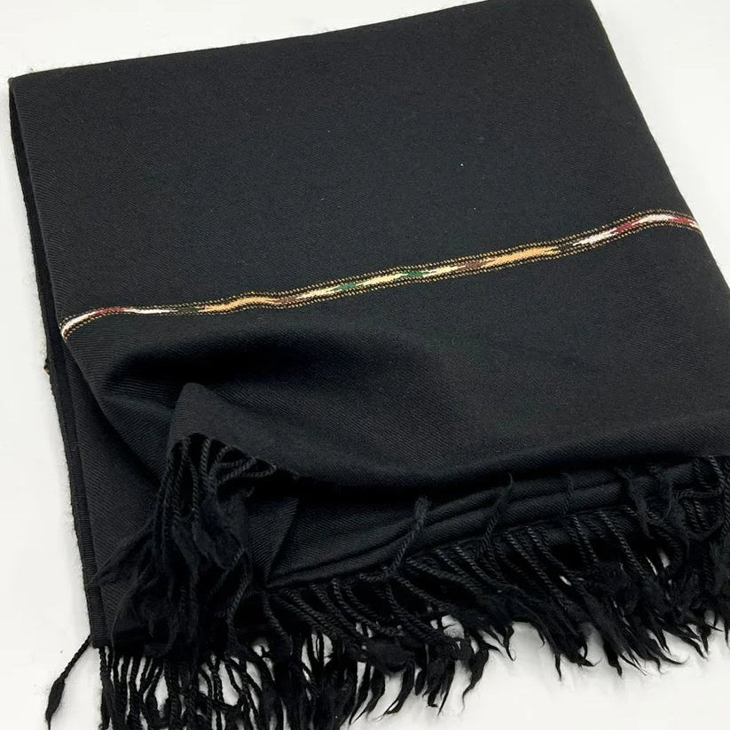 Classic Black Wool Shawl with Heritage Embroidered Stripe