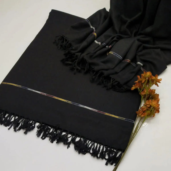 Classic Black Wool Shawl with Heritage Embroidered Stripe