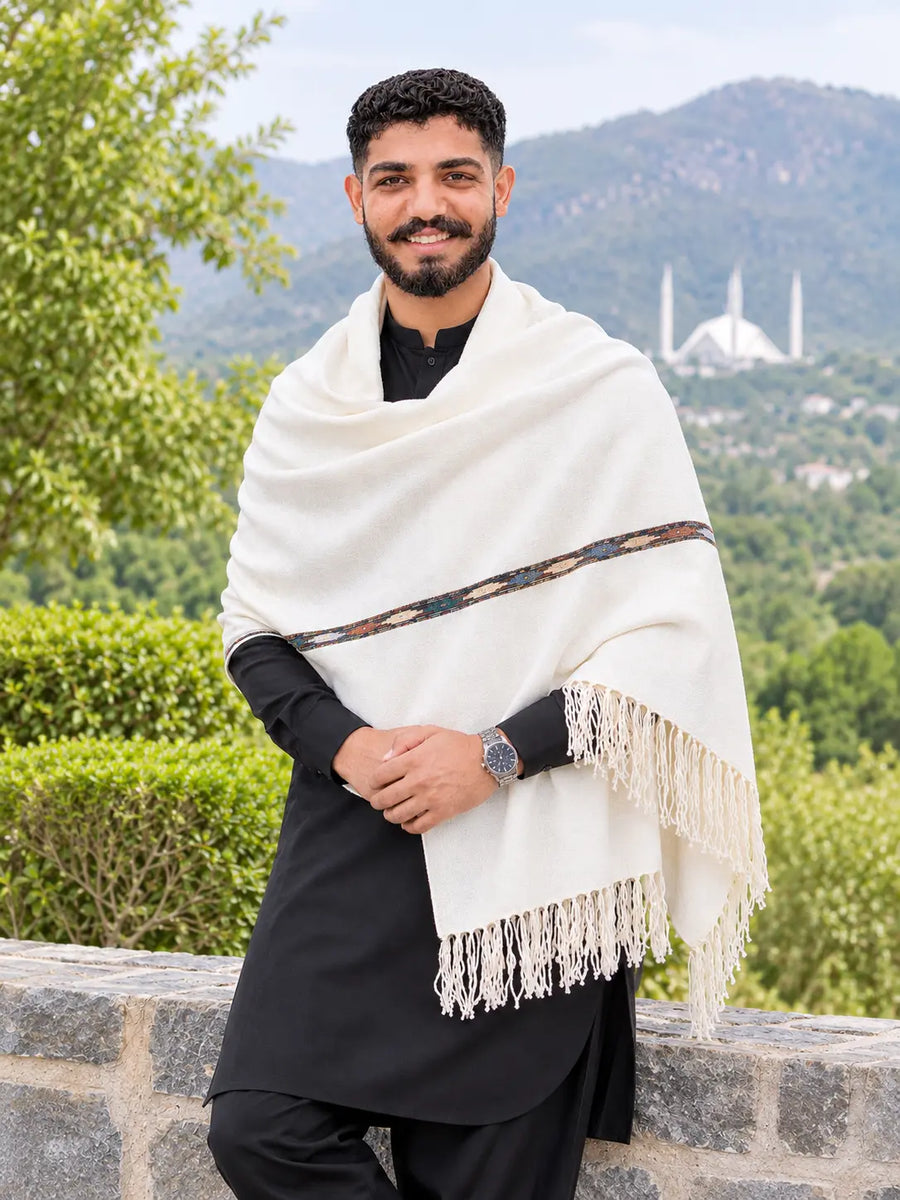 Premium White Wool Shawl with Hand-Finished Tassels