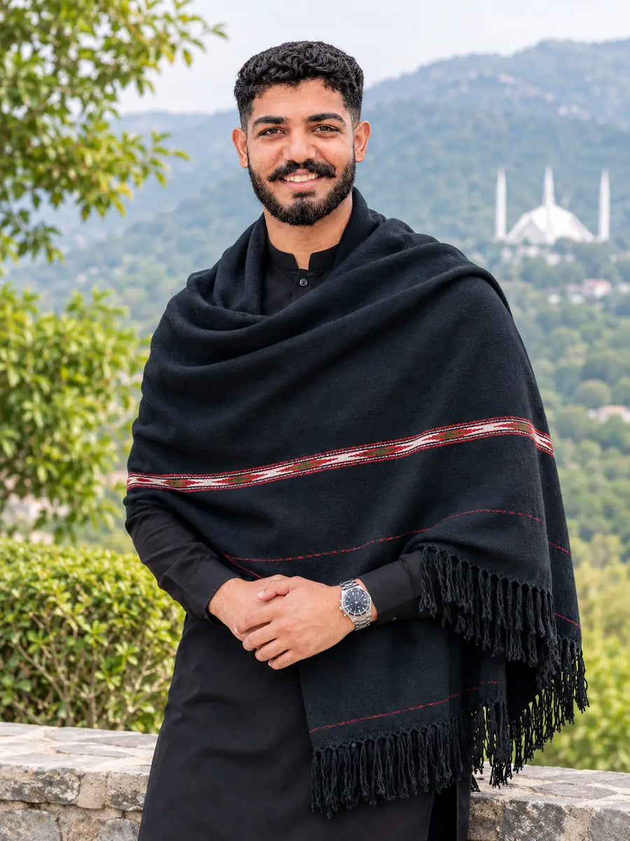 Classic Black Wool Shawl with Heritage Embroidered Stripe