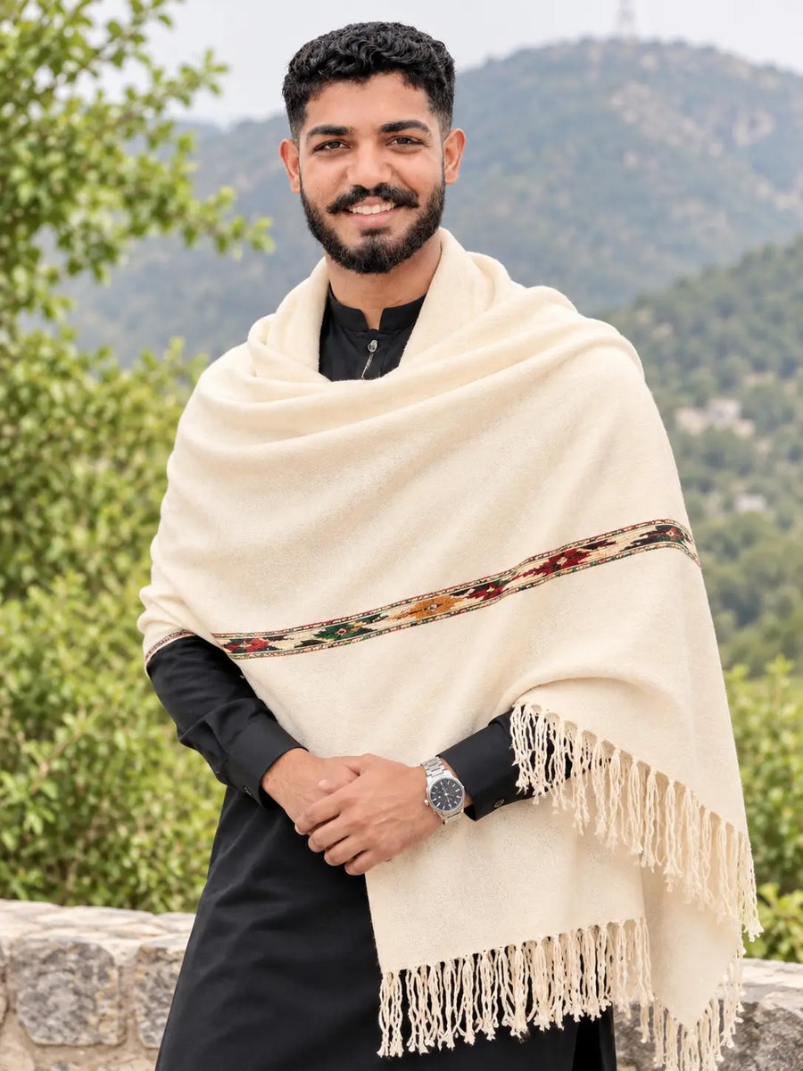 Handcrafted Ivory Wool Shawl with Traditional Woven Border