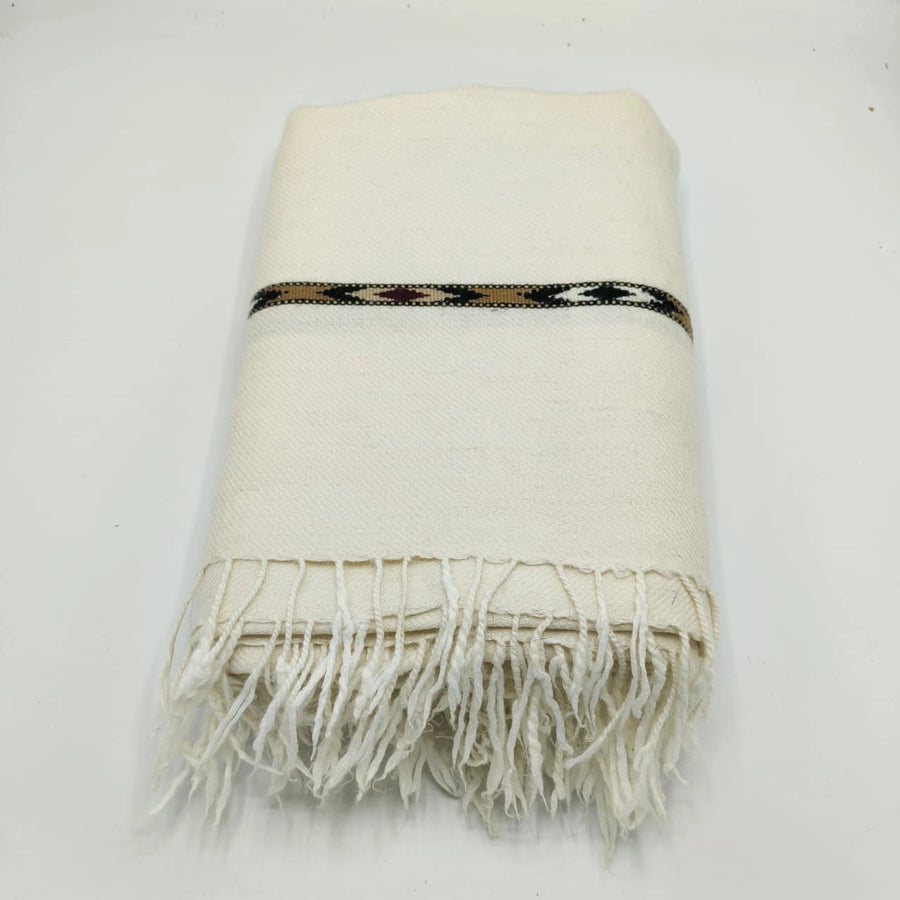 Handcrafted Ivory Wool Shawl with Traditional Woven Border